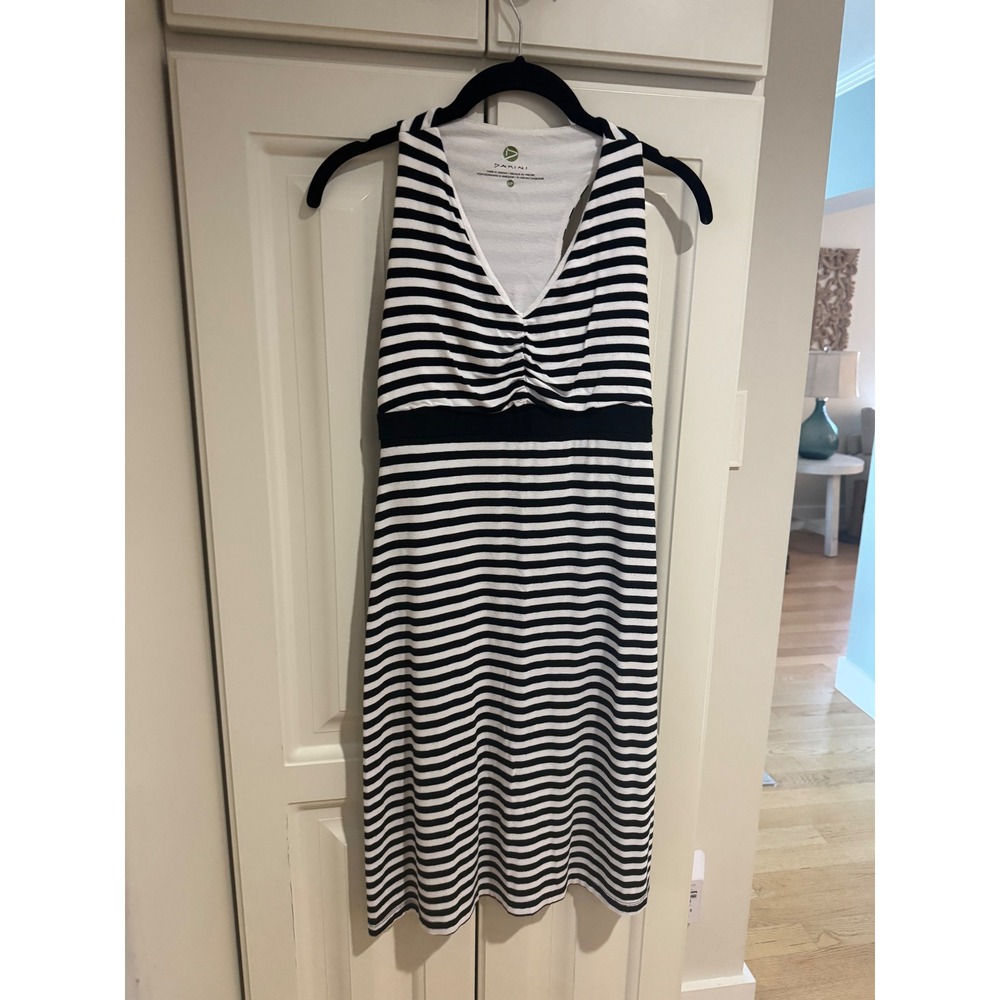 DAKINI Black White Striped Halter Dress Size Small Sleeveless Casual Sundress